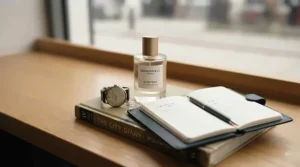 A stylish pocket-sized perfume bottle beside a wristwatch and planner, symbolising a long-lasting scent that carries you effortlessly from work to evening drinks.
