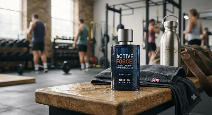 Bottle of long-lasting sport fragrance under £30 on a gym bench, representing affordable British workout scents. long-lasting sport fragrance under £30