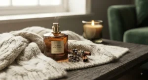 Cozy winter setting with a rich, long-lasting versatile perfume bottle resting on a woollen scarf.