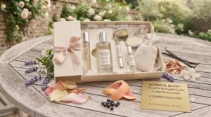 A beautifully wrapped gift box containing a premium light summer fragrance bottle and matching body wash.