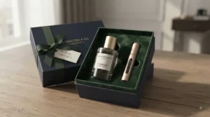 A beautifully packaged luxury travel perfume gift set tied with a ribbon, making it an ideal present for birthdays or Christmas in the UK.