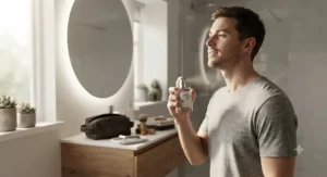 A British man applying a fresh daily cologne for men under £40 as part of his morning grooming routine in a modern flat.