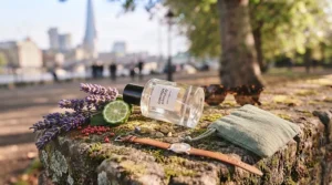 Aesthetic flat lay featuring a clean-scented unisex casual fragrance alongside everyday fashion accessories.