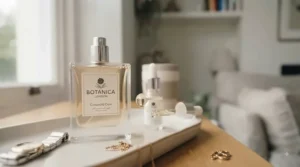 A clean vanity setup featuring a subtle daily fragrance bottle alongside everyday skincare essentials.