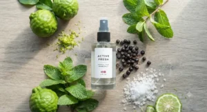 A flat lay styling of citrus and botanical ingredients that make up an uplifting fresh scent for active lifestyle formulas.