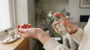 Flatlay of gentle botanical ingredients like chamomile and almond blossom used in alcohol-free hypoallergenic perfumes.