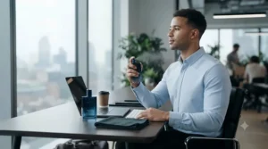 A professional man at his office desk, using the post-workout fragrance to freshen up after his morning cycle commute.