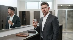 Professional transitioning from workwear to fitness gear with a versatile gym fragrance for men.