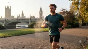 A runner resting outdoors on a crisp morning, holding a fresh aquatic scent for sport to stay cool and revitalised.