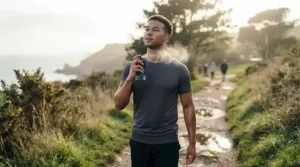 A male runner cooling down outdoors after a run, refreshing himself by applying the post-workout fragrance near his neck.
