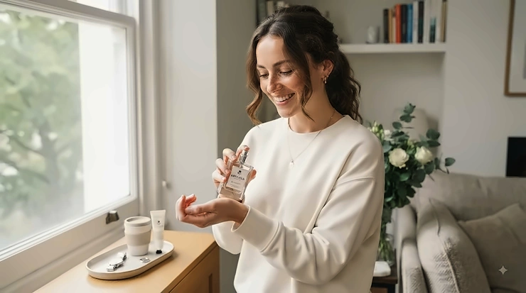 Minimalist glass perfume bottle resting on a clean white surface with soft morning light, ideal as a gentle perfume for sensitive skin daily wear. perfume for sensitive skin daily wear