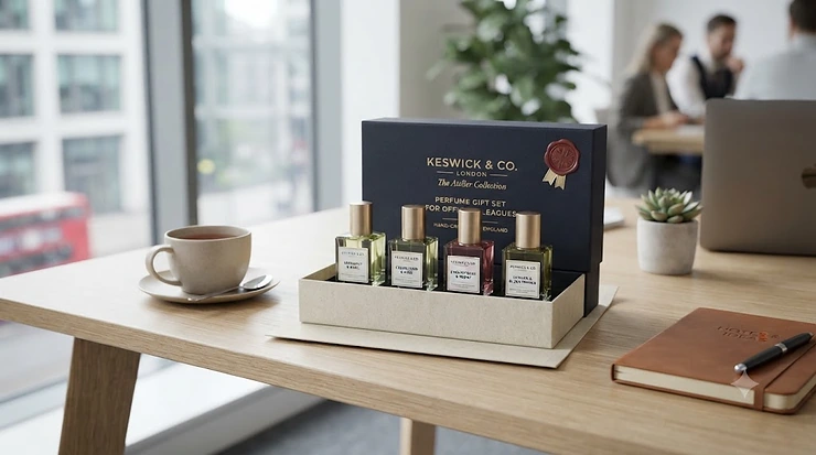Premium perfume gift set for office colleagues displayed on a modern desk, featuring subtle, professional fragrances popular in the UK. perfume gift set for office colleagues