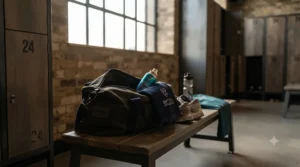 A gym bag packed with a towel, water bottle, and a long-lasting fresh aquatic scent for sport ideal for post-training freshness.