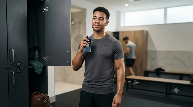 A fit man, glowing with sweat, applying a sleek bottle of post-workout fragrance in a modern British gym locker room. post-workout fragrance for men