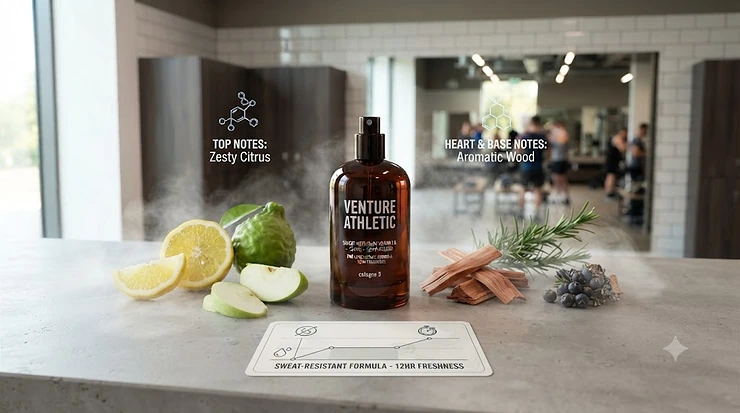 Man refreshing himself with sweat-proof cologne for workouts inside a modern British leisure centre locker room. sweat-proof cologne for workouts