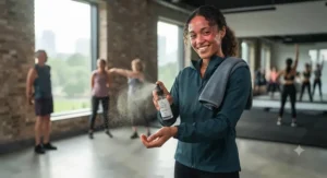 A fitness enthusiast cooling down after an intense HIIT class, spraying a crisp fresh scent for active lifestyle recovery.