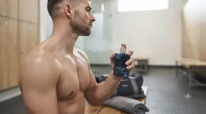 Man applying a refreshing travel size sport fragrance after a workout in a modern gym changing room.