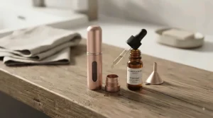An eco-conscious, refillable travel perfume atomizer next to its larger home bottle, appealing to environmentally minded British shoppers looking to reduce waste.
