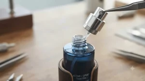 Close-up of a refillable travel size sport fragrance atomiser spray mechanism.