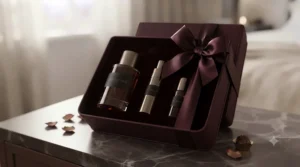 A beautifully packaged luxury perfume gift box tied with a satin ribbon for a romantic occasion.