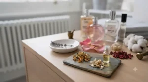 Botanical ingredients like lavender and citrus next to an affordable everyday fragrance bottle, highlighting its key scent notes.