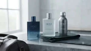 A curated lineup of three different 'DENT' brand post-workout fragrance bottles (Fresh, Cool, Woody) displayed on a grey concrete shelf.