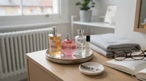 A flatlay of seasonal perfume bottles showcasing an affordable everyday fragrance lineup for transitioning British weather.