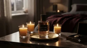 An elegant amber-tinted perfume bottle surrounded by flickering candles for a cosy evening restaurant date.