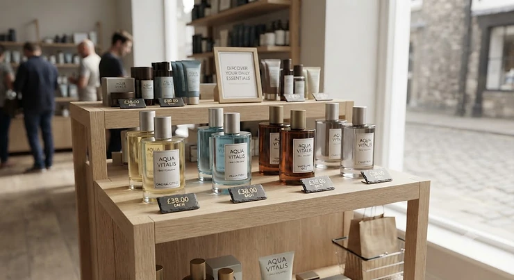 A curated high street retail display highlighting various bottles of daily cologne for men under £40 on a minimalist display stand.