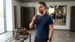 Sleek bottle of sweat-proof cologne for workouts resting on a gym towel, ideal for men and women staying fresh during British fitness sessions.
