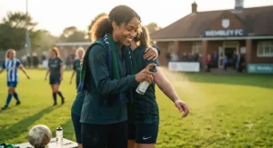 Teammates celebrating after a weekend football match, relying on a deodorising fresh scent for active lifestyle team members.