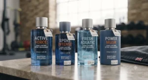 A lineup of four different British Athletica sport fragrances (Active Force, Sport Intense, Fresh Aquatic, Power Musk) presented together on a stone counter, all priced under £30.