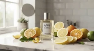 A transparent fragrance bottle representing a refreshing citrus-scented daily cologne for men under £40 surrounded by fresh bergamot and lemon slices.