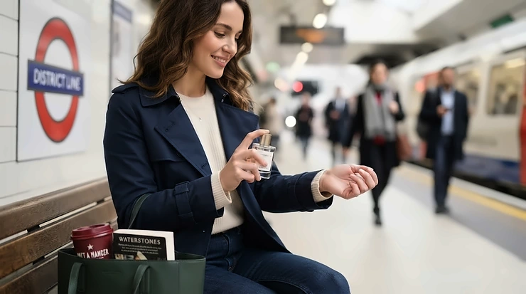 A chic travel-friendly everyday perfume bottle resting in a stylish leather handbag alongside passport and sunglasses, ready for a UK weekend break. travel-friendly everyday perfume