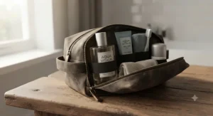 A compact travel-sized bottle of daily cologne for men under £40 tucked neatly inside a canvas washbag for weekend getaways.