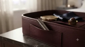 A compact travel-size perfume atomiser tucked elegantly inside a designer leather handbag.