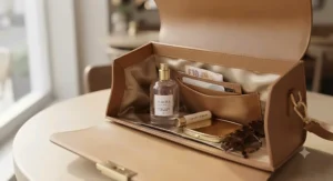 A compact travel-size bottle of everyday perfume for women resting inside a chic leather handbag.