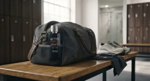 A compact, travel-sized bottle of the blue sport fragrance from image_0.png, packed securely in the side mesh pocket of a grey canvas gym duffel bag.