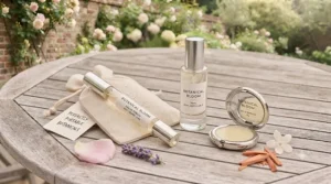 A compact rollerball light summer fragrance sitting inside a stylish weekend washbag for travel.