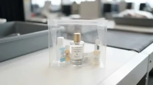 A compact travel-sized perfume bottle placed neatly inside a clear, transparent security liquids bag for hassle-free hand luggage boarding at a UK airport.
