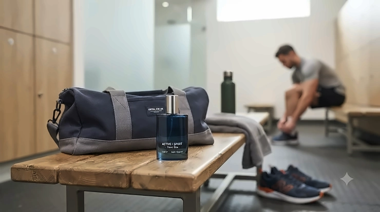 Sleek travel size sport fragrance bottle displayed on a gym bag, perfect for active lifestyles and hand luggage. travel size sport fragrance
