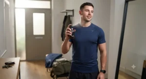 Compact, pocket-sized sweat-proof cologne for workouts designed for easy transport in a kit bag.