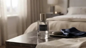 A sleek, gender-neutral fragrance bottle sitting on a modern marble countertop.