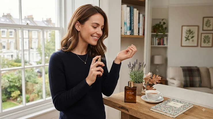Flat lay of a luxury versatile perfume bottle surrounded by seasonal British flora like lavender and oak leaves, representing an all-seasons fragrance. versatile perfume for all seasons