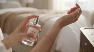 Close-up of a person gently spraying romantic perfume onto their wrist pulse point.