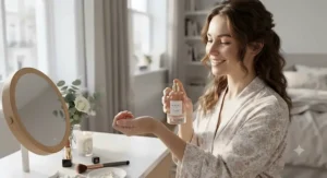 A British woman applying her favourite everyday perfume for women as part of her morning routine.