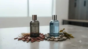 Comparison of woody and aquatic variants of gym fragrance for men on a wooden shelf.