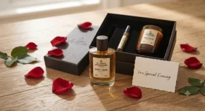 An affordable romantic cologne gift set styled with rose petals and a greeting card for Valentine's Day.