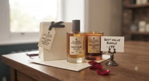 A price tag and shopping bag illustrating high-street value for premium-smelling men's cologne.