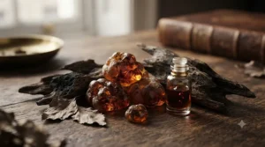 Close-up of rich amber resin and rich woods highlighting the notes of an elegant fragrance for formal wear